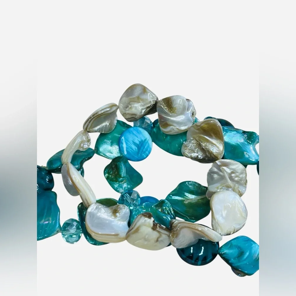 Set Of 3 Abalone Bead Stretch Bangle Bracelet Turquoise White/mother Of Pearl